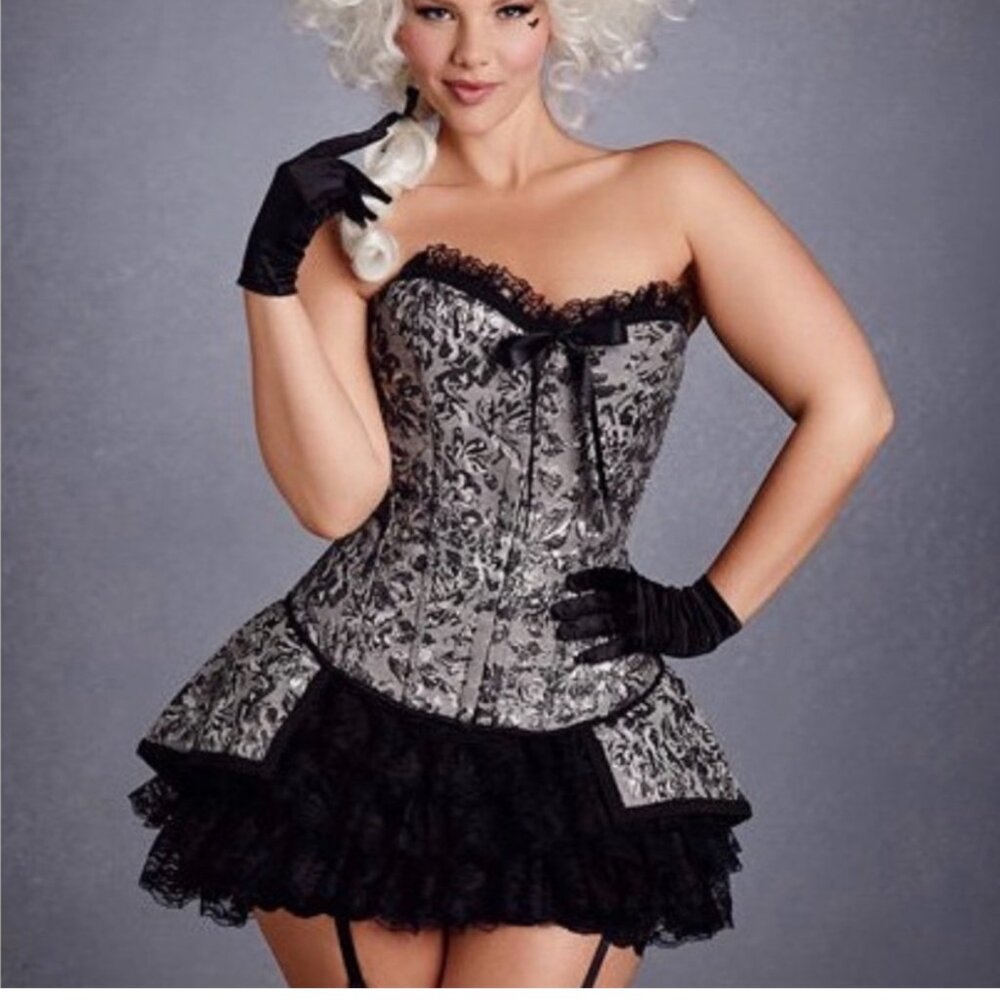 NWOT, Gorgeous Black & Silver Plus Marie Antoinette Mini Skirt and Corset 1x